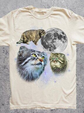 Three Manul Cat Retro Graphic Tshirt, Vintage Pallas Cat Moon Shirt